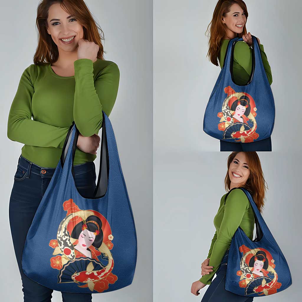 Japanese Geisha Koi Fish Grocery Bag Cherry Blossoms Blue Seigaiha Pattern LT14 - Polynesian Pride