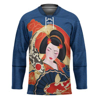 Japanese Geisha Koi Fish Hockey Jersey Cherry Blossoms Blue Seigaiha Pattern LT14 Unisex Blue - Polynesian Pride