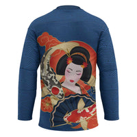 Japanese Geisha Koi Fish Hockey Jersey Cherry Blossoms Blue Seigaiha Pattern LT14 - Polynesian Pride