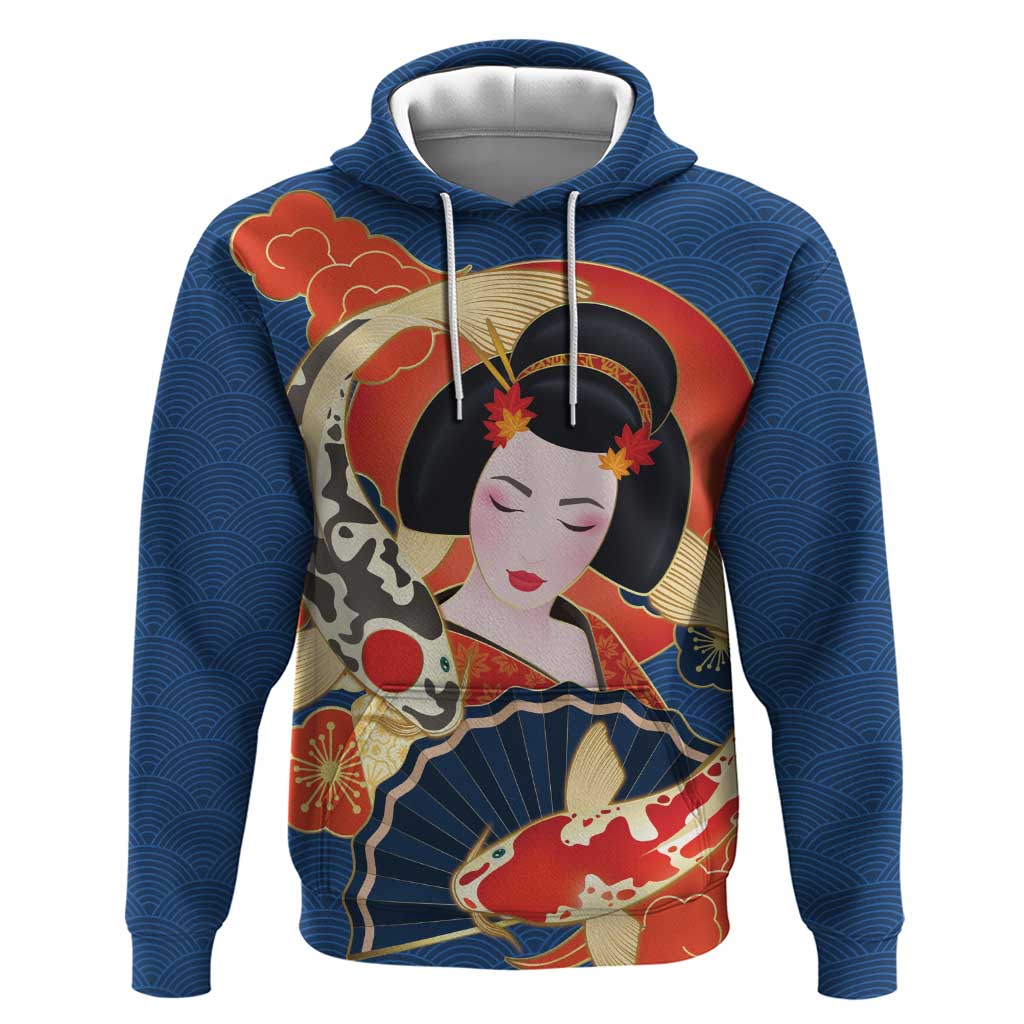 Japanese Geisha Koi Fish Hoodie Cherry Blossoms Blue Seigaiha Pattern LT14 Pullover Hoodie Blue - Polynesian Pride