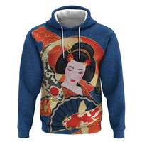 Japanese Geisha Koi Fish Hoodie Cherry Blossoms Blue Seigaiha Pattern LT14 Pullover Hoodie Blue - Polynesian Pride