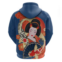 Japanese Geisha Koi Fish Hoodie Cherry Blossoms Blue Seigaiha Pattern LT14 - Polynesian Pride