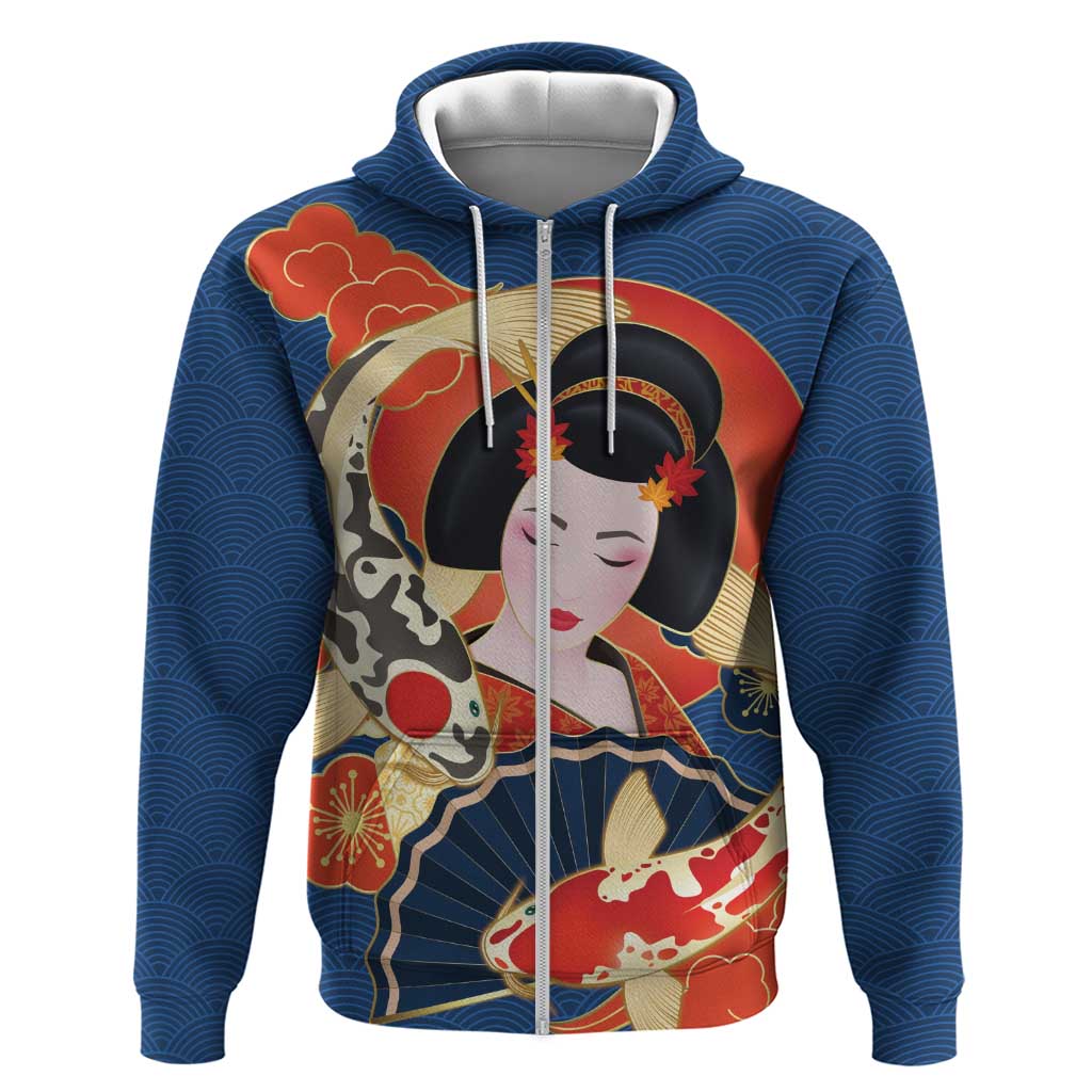 Japanese Geisha Koi Fish Hoodie Cherry Blossoms Blue Seigaiha Pattern LT14 Zip Hoodie Blue - Polynesian Pride