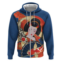 Japanese Geisha Koi Fish Hoodie Cherry Blossoms Blue Seigaiha Pattern LT14 Zip Hoodie Blue - Polynesian Pride