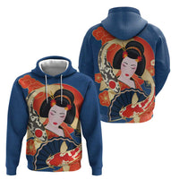 Japanese Geisha Koi Fish Hoodie Cherry Blossoms Blue Seigaiha Pattern LT14 - Polynesian Pride