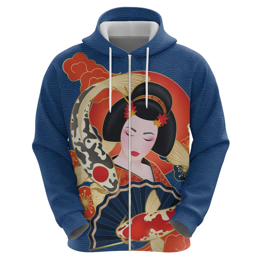 Japanese Geisha Koi Fish Hoodie Cherry Blossoms Blue Seigaiha Pattern LT14 - Polynesian Pride