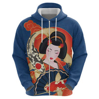 Japanese Geisha Koi Fish Hoodie Cherry Blossoms Blue Seigaiha Pattern LT14 - Polynesian Pride