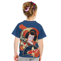 Japanese Geisha Koi Fish Kid T Shirt Cherry Blossoms Blue Seigaiha Pattern LT14 - Polynesian Pride