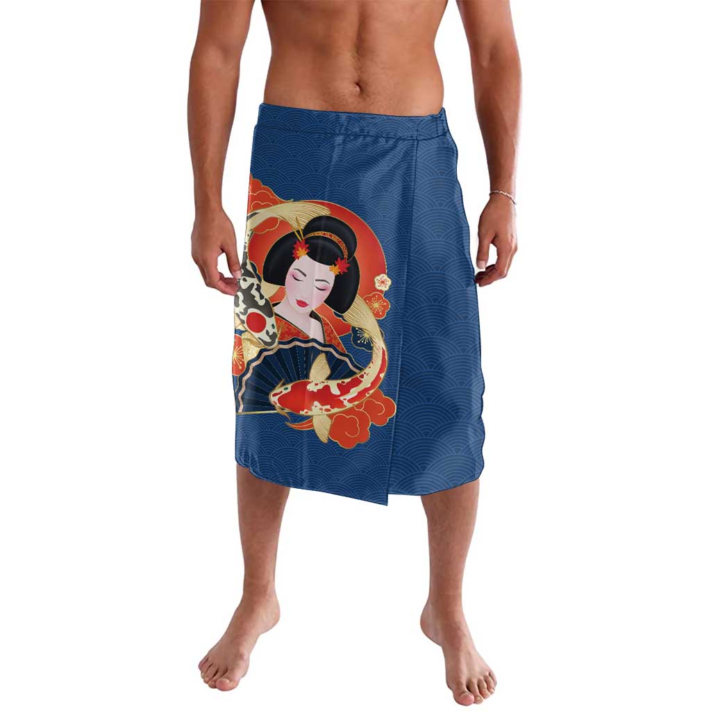 Japanese Geisha Koi Fish Lavalava Cherry Blossoms Blue Seigaiha Pattern LT14 Blue - Polynesian Pride