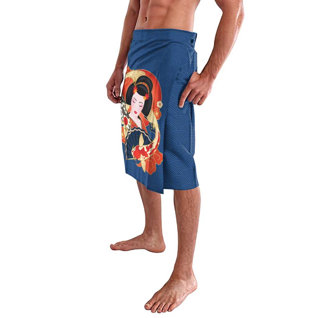 Japanese Geisha Koi Fish Lavalava Cherry Blossoms Blue Seigaiha Pattern LT14 - Polynesian Pride