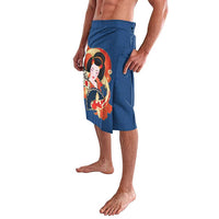 Japanese Geisha Koi Fish Lavalava Cherry Blossoms Blue Seigaiha Pattern LT14 - Polynesian Pride