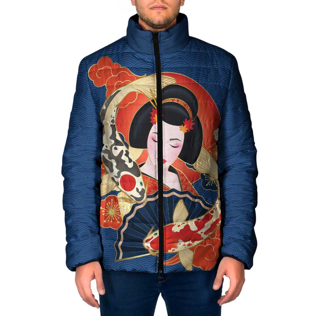 Japanese Geisha Koi Fish Padded Jacket Cherry Blossoms Blue Seigaiha Pattern LT14 Men Blue - Polynesian Pride