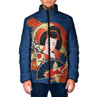 Japanese Geisha Koi Fish Padded Jacket Cherry Blossoms Blue Seigaiha Pattern LT14 Men Blue - Polynesian Pride