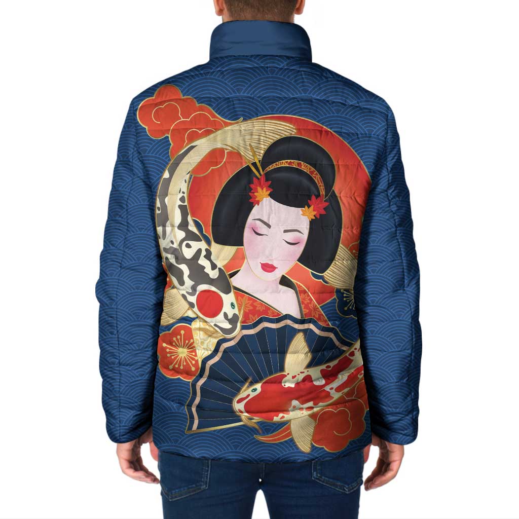 Japanese Geisha Koi Fish Padded Jacket Cherry Blossoms Blue Seigaiha Pattern LT14 - Polynesian Pride