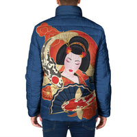 Japanese Geisha Koi Fish Padded Jacket Cherry Blossoms Blue Seigaiha Pattern LT14 - Polynesian Pride