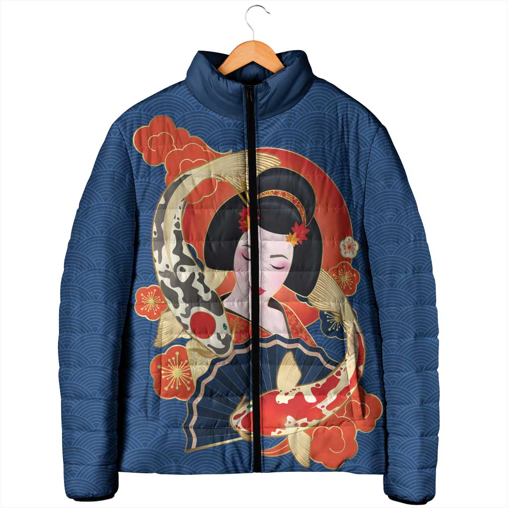 Japanese Geisha Koi Fish Padded Jacket Cherry Blossoms Blue Seigaiha Pattern LT14 - Polynesian Pride