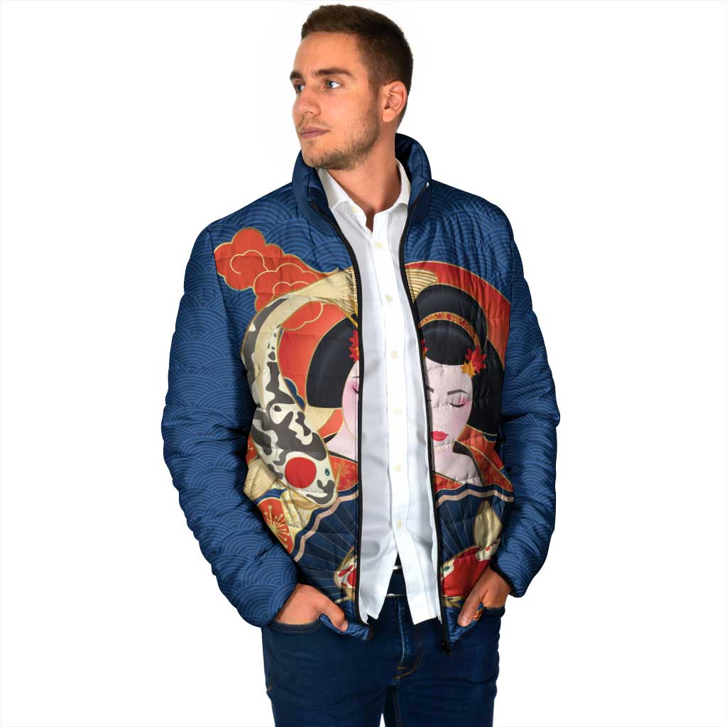 Japanese Geisha Koi Fish Padded Jacket Cherry Blossoms Blue Seigaiha Pattern LT14 - Polynesian Pride