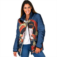 Japanese Geisha Koi Fish Padded Jacket Cherry Blossoms Blue Seigaiha Pattern LT14 Women Blue - Polynesian Pride