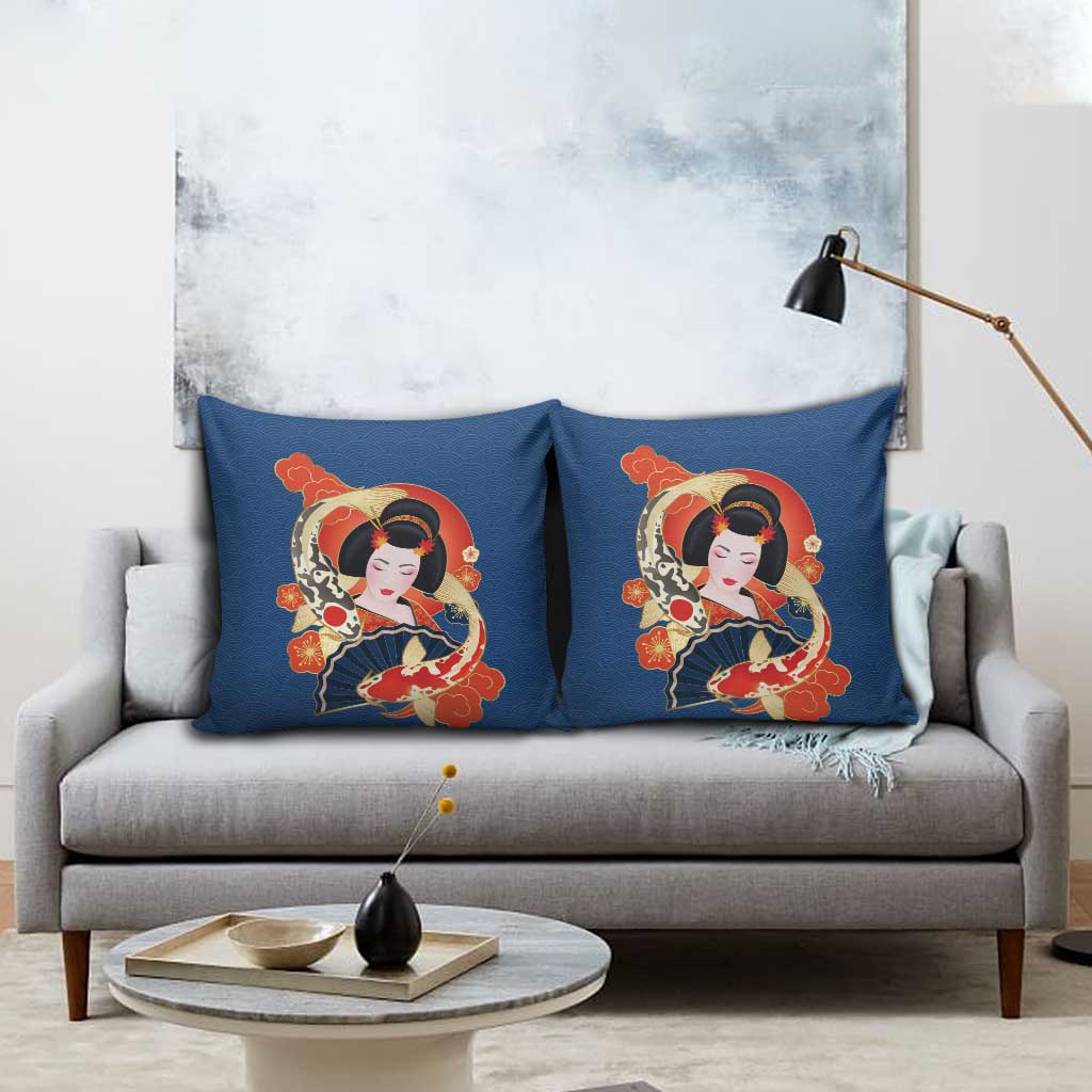 Japanese Geisha Koi Fish Pillow Cover Cherry Blossoms Blue Seigaiha Pattern LT14 - Polynesian Pride