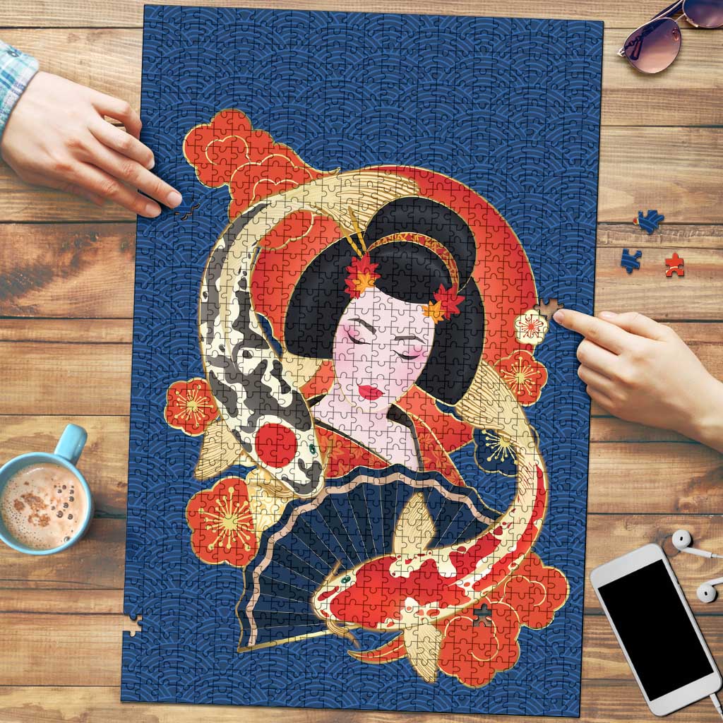 Japanese Geisha Koi Fish Puzzle Cherry Blossoms Blue Seigaiha Pattern LT14 Blue - Polynesian Pride