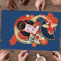 Japanese Geisha Koi Fish Puzzle Cherry Blossoms Blue Seigaiha Pattern LT14 - Polynesian Pride