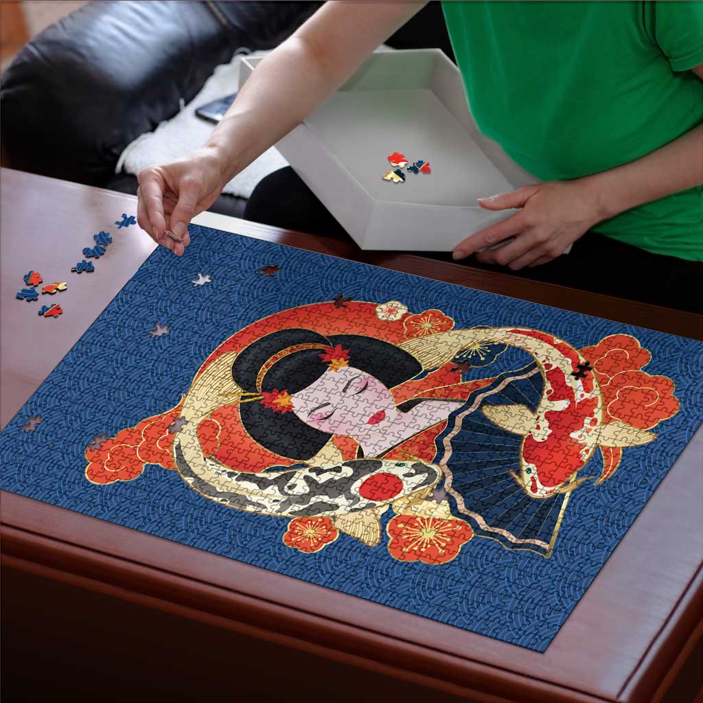 Japanese Geisha Koi Fish Puzzle Cherry Blossoms Blue Seigaiha Pattern LT14 - Polynesian Pride