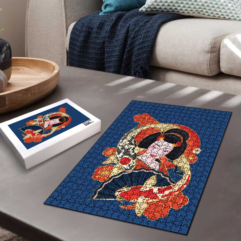 Japanese Geisha Koi Fish Puzzle Cherry Blossoms Blue Seigaiha Pattern LT14 - Polynesian Pride