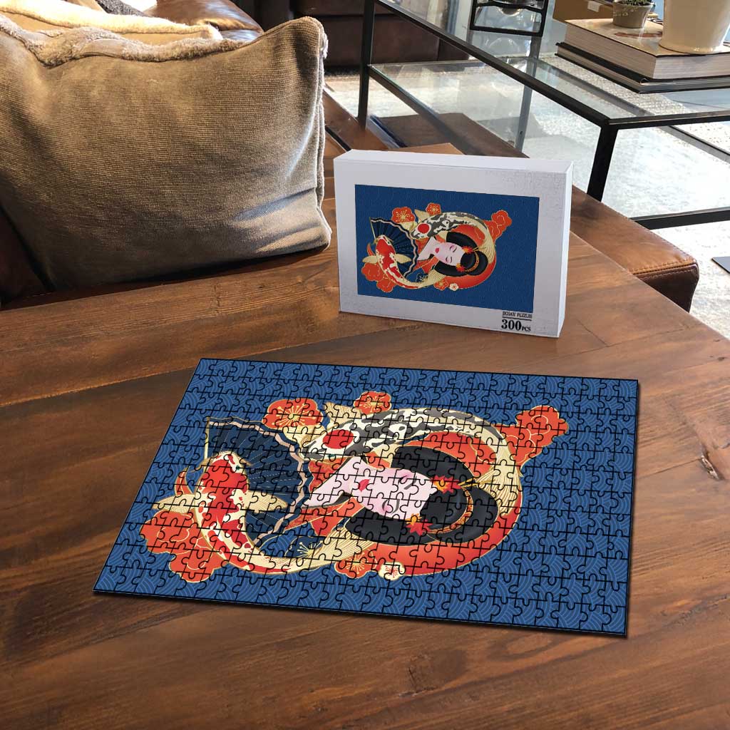 Japanese Geisha Koi Fish Puzzle Cherry Blossoms Blue Seigaiha Pattern LT14 - Polynesian Pride