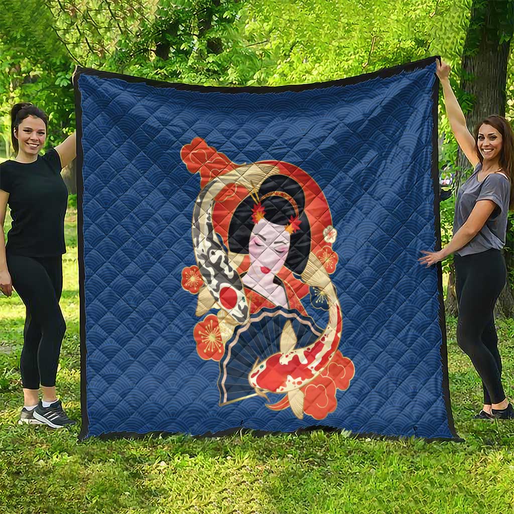Japanese Geisha Koi Fish Quilt Cherry Blossoms Blue Seigaiha Pattern LT14 - Polynesian Pride
