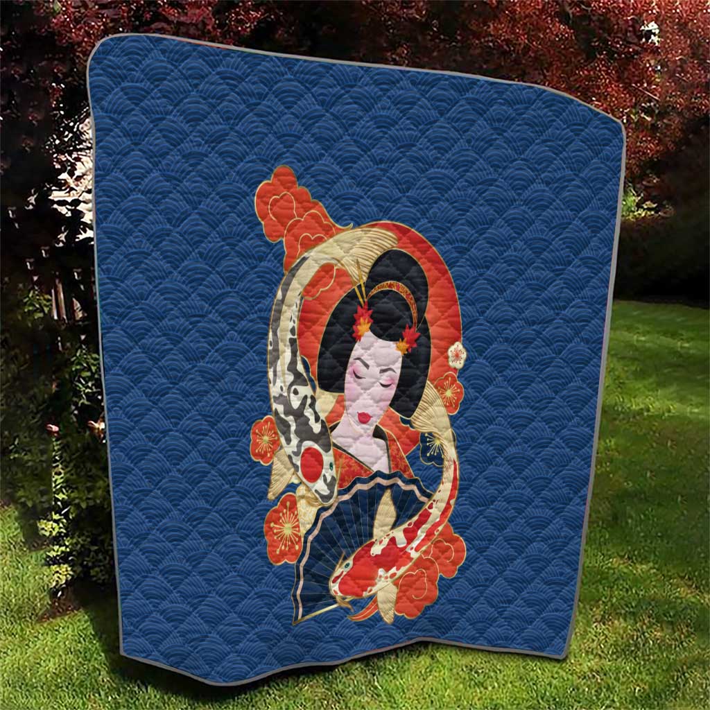 Japanese Geisha Koi Fish Quilt Cherry Blossoms Blue Seigaiha Pattern LT14 - Polynesian Pride