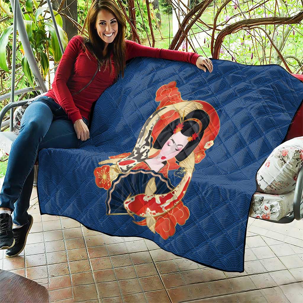 Japanese Geisha Koi Fish Quilt Cherry Blossoms Blue Seigaiha Pattern LT14 - Polynesian Pride