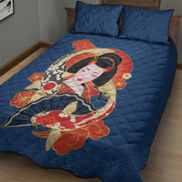 Japanese Geisha Koi Fish Quilt Bed Set Cherry Blossoms Blue Seigaiha Pattern LT14 - Polynesian Pride