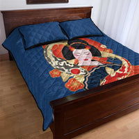 Japanese Geisha Koi Fish Quilt Bed Set Cherry Blossoms Blue Seigaiha Pattern LT14 - Polynesian Pride