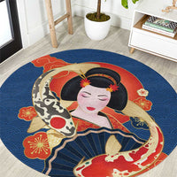 Japanese Geisha Koi Fish Round Carpet Cherry Blossoms Blue Seigaiha Pattern LT14 Blue - Polynesian Pride