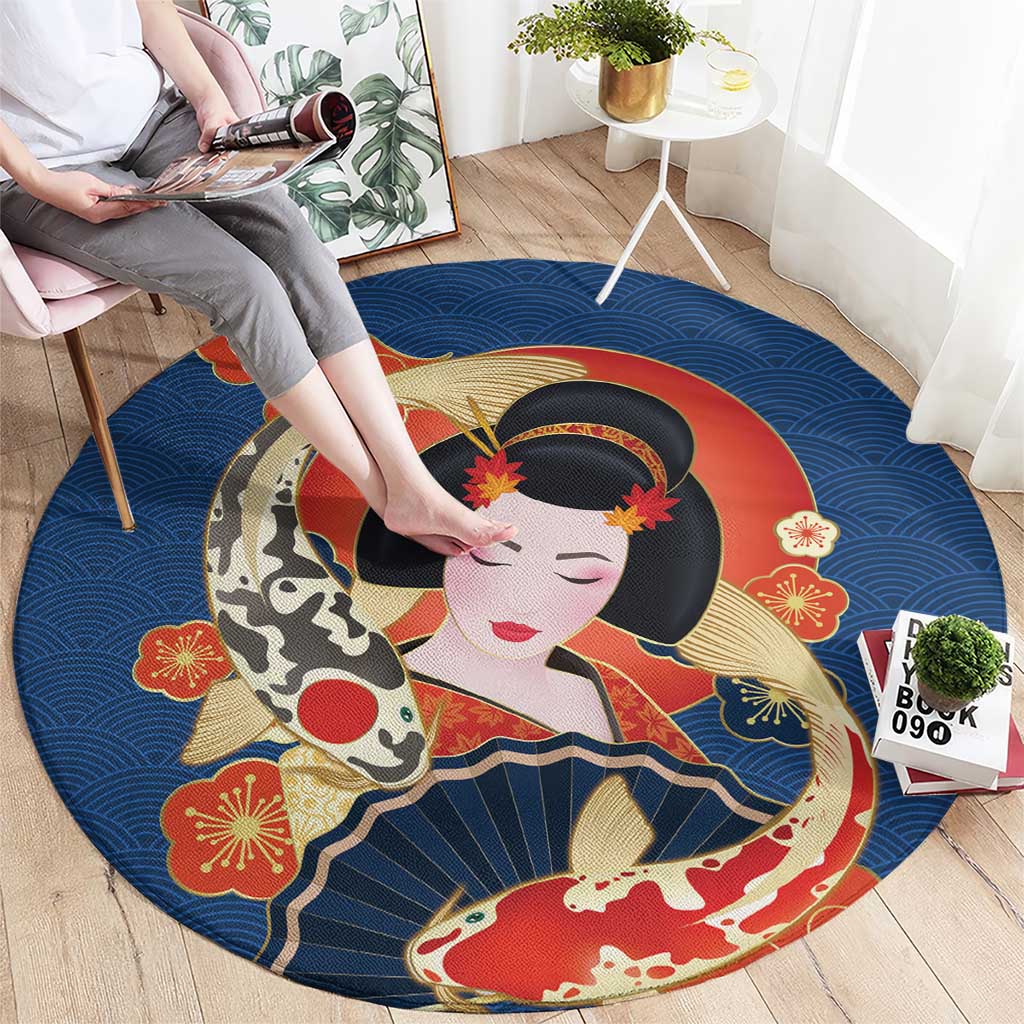 Japanese Geisha Koi Fish Round Carpet Cherry Blossoms Blue Seigaiha Pattern LT14 - Polynesian Pride