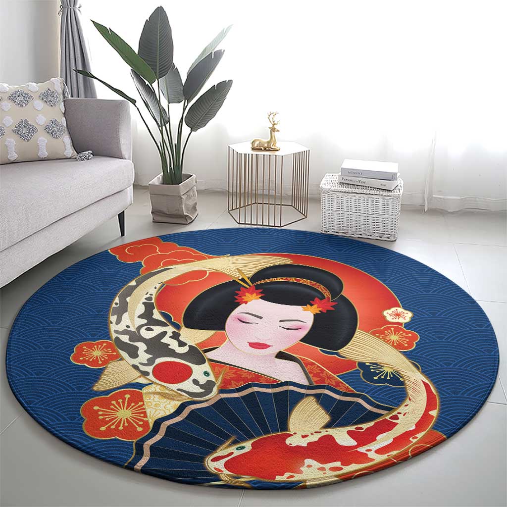 Japanese Geisha Koi Fish Round Carpet Cherry Blossoms Blue Seigaiha Pattern LT14 - Polynesian Pride