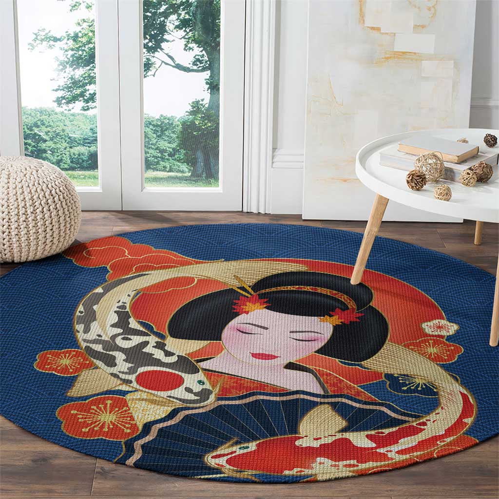 Japanese Geisha Koi Fish Round Carpet Cherry Blossoms Blue Seigaiha Pattern LT14 - Polynesian Pride