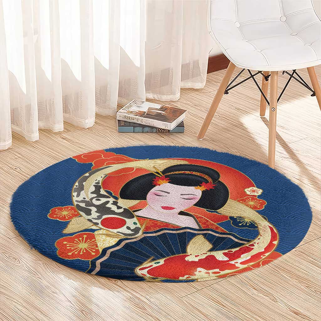 Japanese Geisha Koi Fish Round Carpet Cherry Blossoms Blue Seigaiha Pattern LT14 - Polynesian Pride