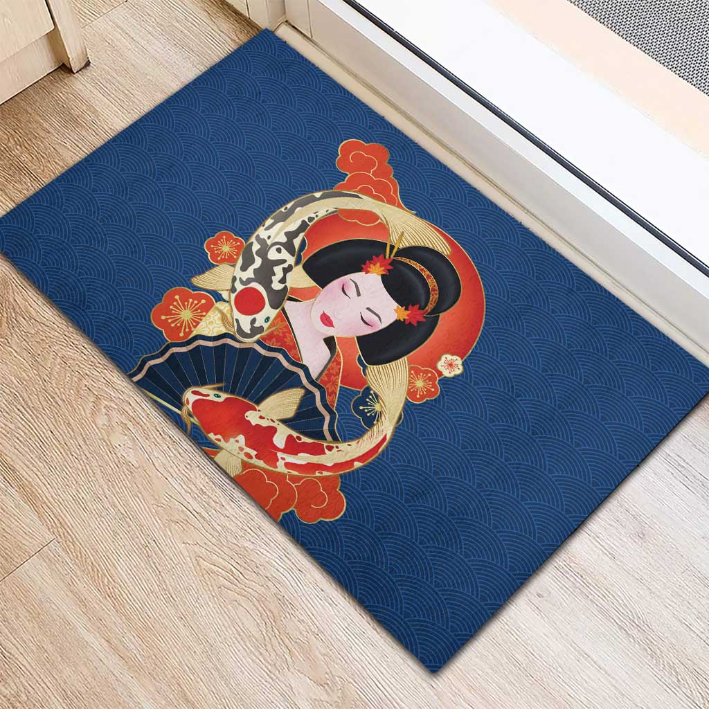Japanese Geisha Koi Fish Rubber Doormat Cherry Blossoms Blue Seigaiha Pattern LT14 - Polynesian Pride