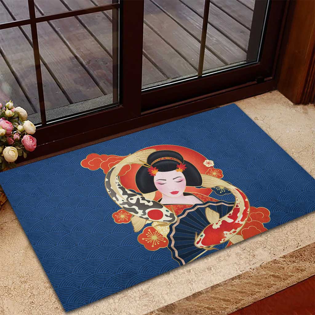 Japanese Geisha Koi Fish Rubber Doormat Cherry Blossoms Blue Seigaiha Pattern LT14 - Polynesian Pride