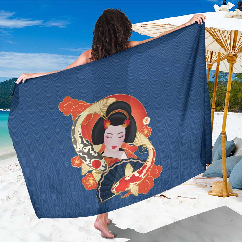 Japanese Geisha Koi Fish Sarong Cherry Blossoms Blue Seigaiha Pattern LT14 One Size 44 x 66 inches Blue - Polynesian Pride