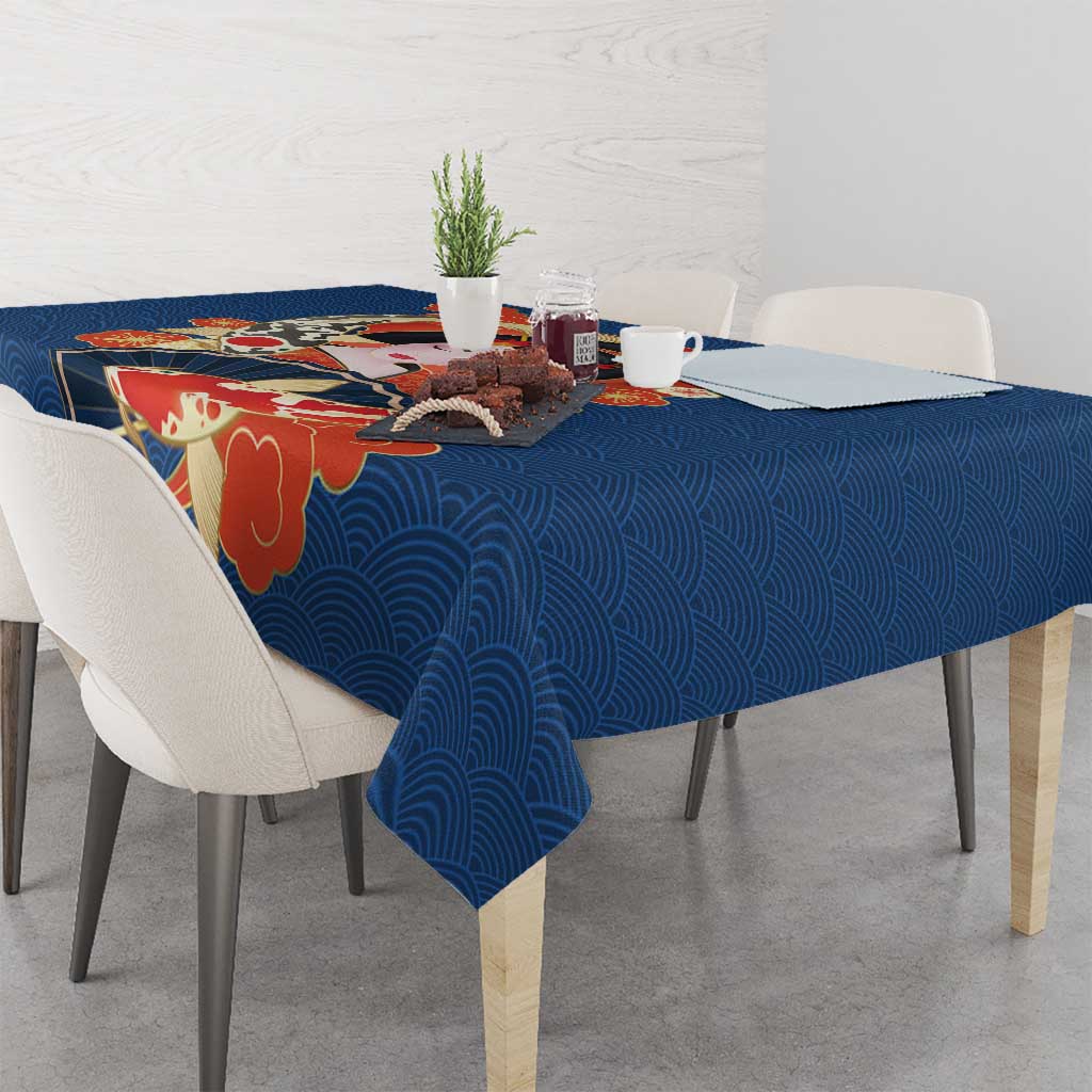 Japanese Geisha Koi Fish Tablecloth Cherry Blossoms Blue Seigaiha Pattern LT14 - Polynesian Pride