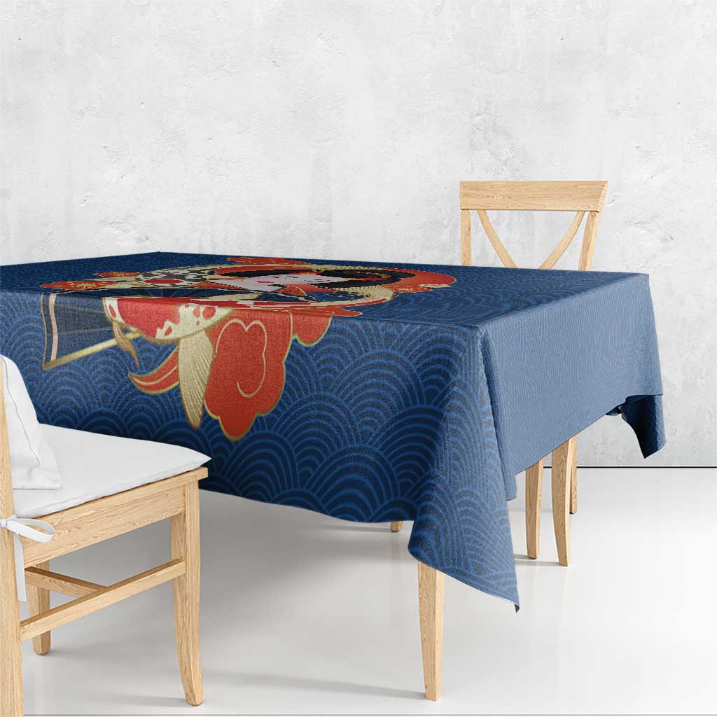 Japanese Geisha Koi Fish Tablecloth Cherry Blossoms Blue Seigaiha Pattern LT14 - Polynesian Pride
