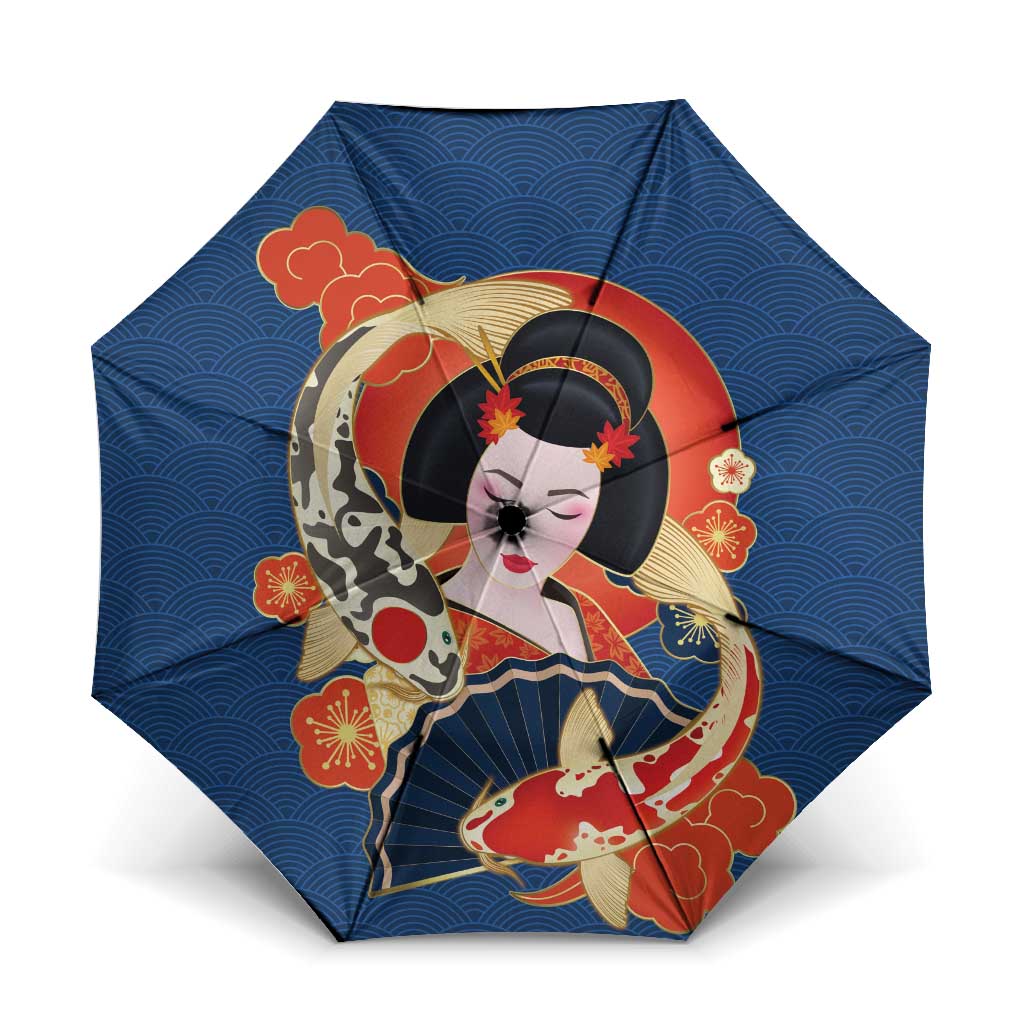 Japanese Geisha Koi Fish Umbrella Cherry Blossoms Blue Seigaiha Pattern LT14 One Size Folded 11.42 inch Opened Diameter 37.4 inch Blue - Polynesian Pride