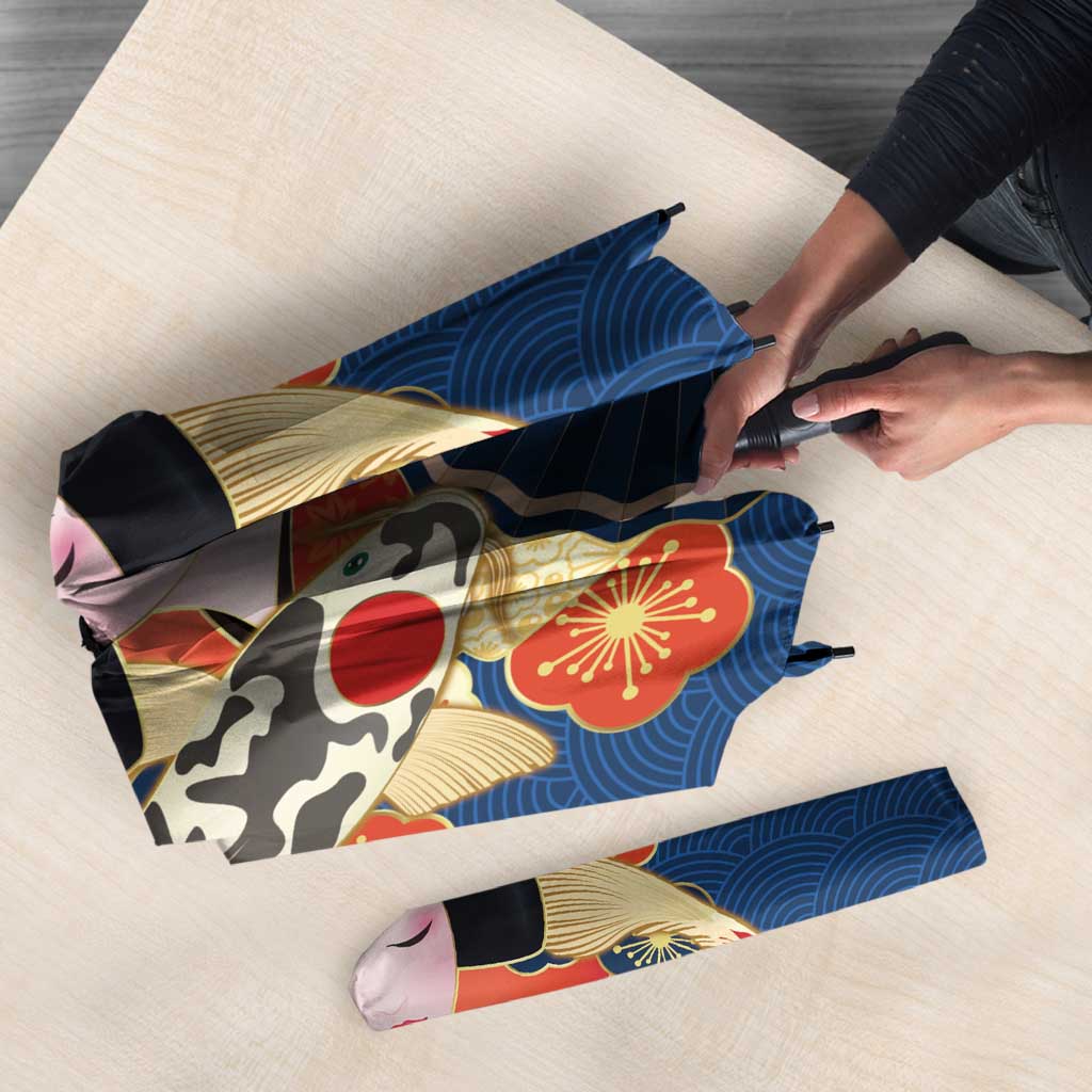 Japanese Geisha Koi Fish Umbrella Cherry Blossoms Blue Seigaiha Pattern LT14 - Polynesian Pride