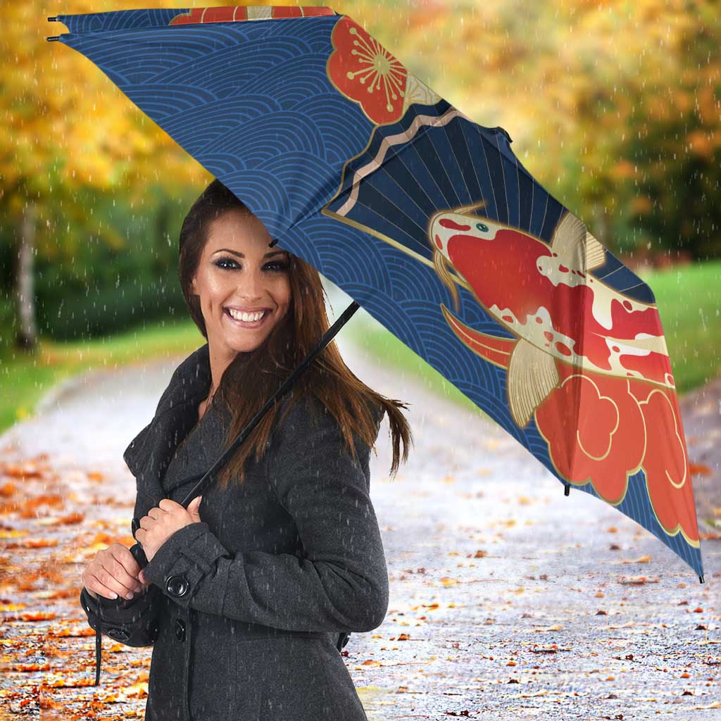 Japanese Geisha Koi Fish Umbrella Cherry Blossoms Blue Seigaiha Pattern LT14 - Polynesian Pride