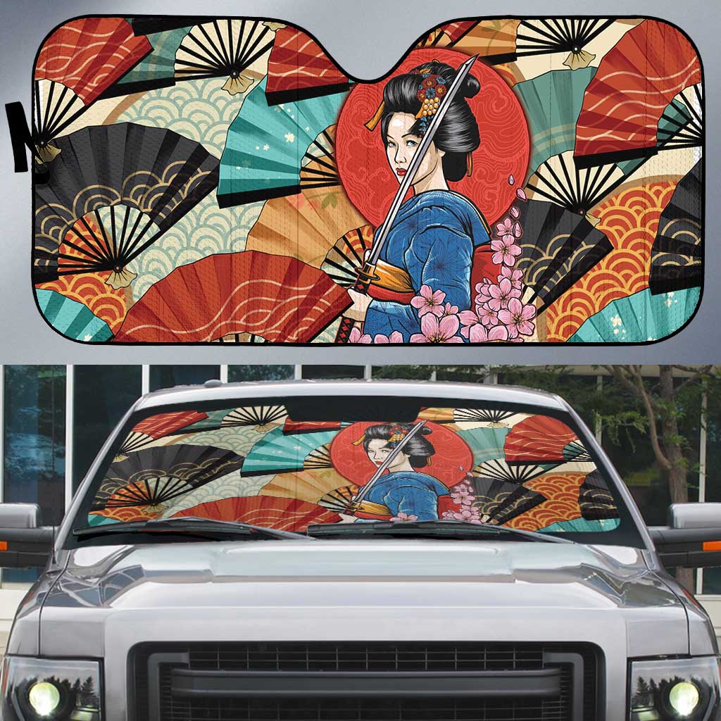 Japanese Geisha Katana Auto Sun Shade Japan Sensu Seigaiha Pattern LT14 Multicolor - Polynesian Pride