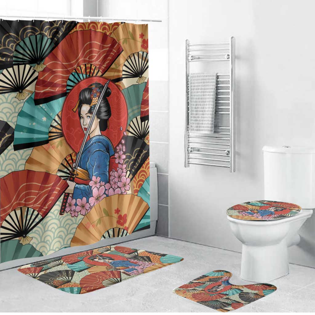 Japanese Geisha Katana Bathroom Set Japan Sensu Seigaiha Pattern LT14 Bathroom Set (4 pcs) Multicolor - Polynesian Pride