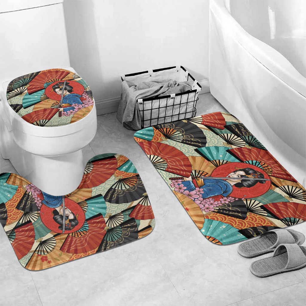 Japanese Geisha Katana Bathroom Set Japan Sensu Seigaiha Pattern LT14 Mat Set Only (3 pcs) One Size Multicolor - Polynesian Pride