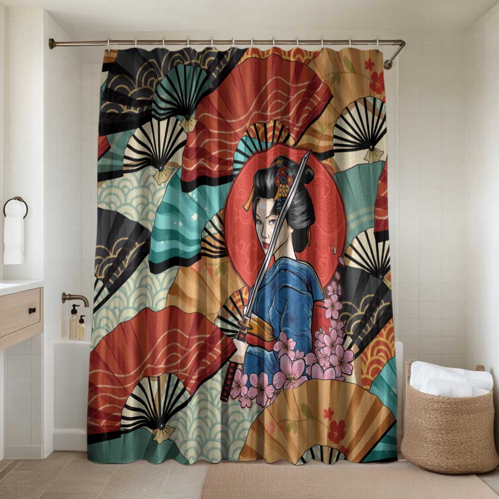 Japanese Geisha Katana Bathroom Set Japan Sensu Seigaiha Pattern LT14 Shower Curtain Only Multicolor - Polynesian Pride